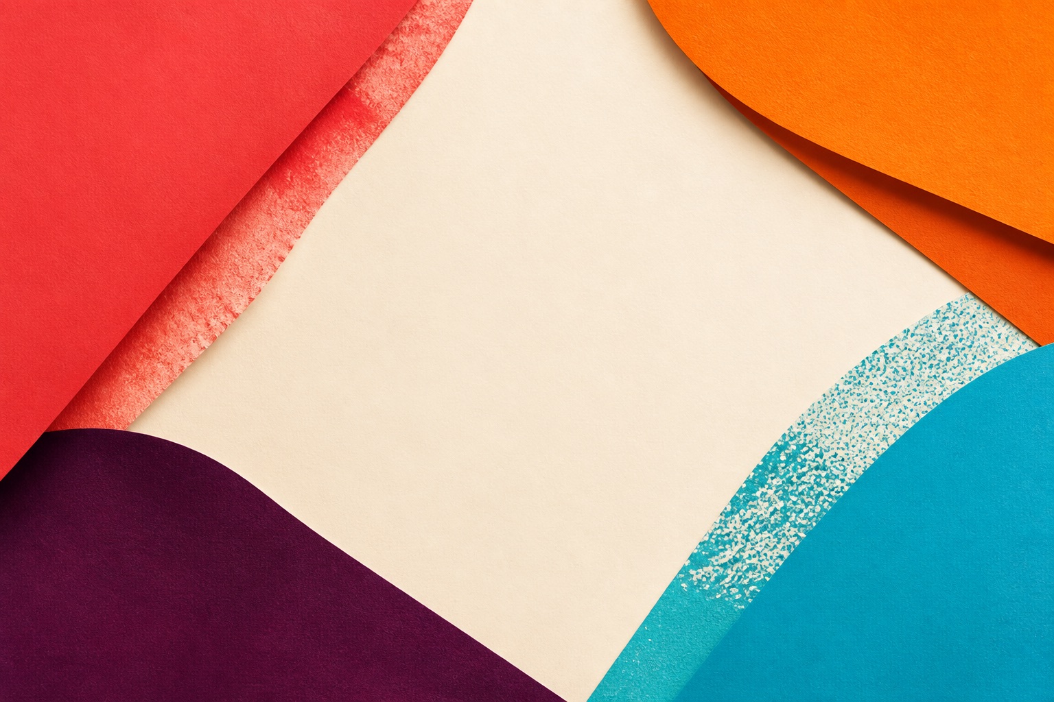 Abstract editorial paper composition in coral, orange, aqua, plum, and cream; no dog or person